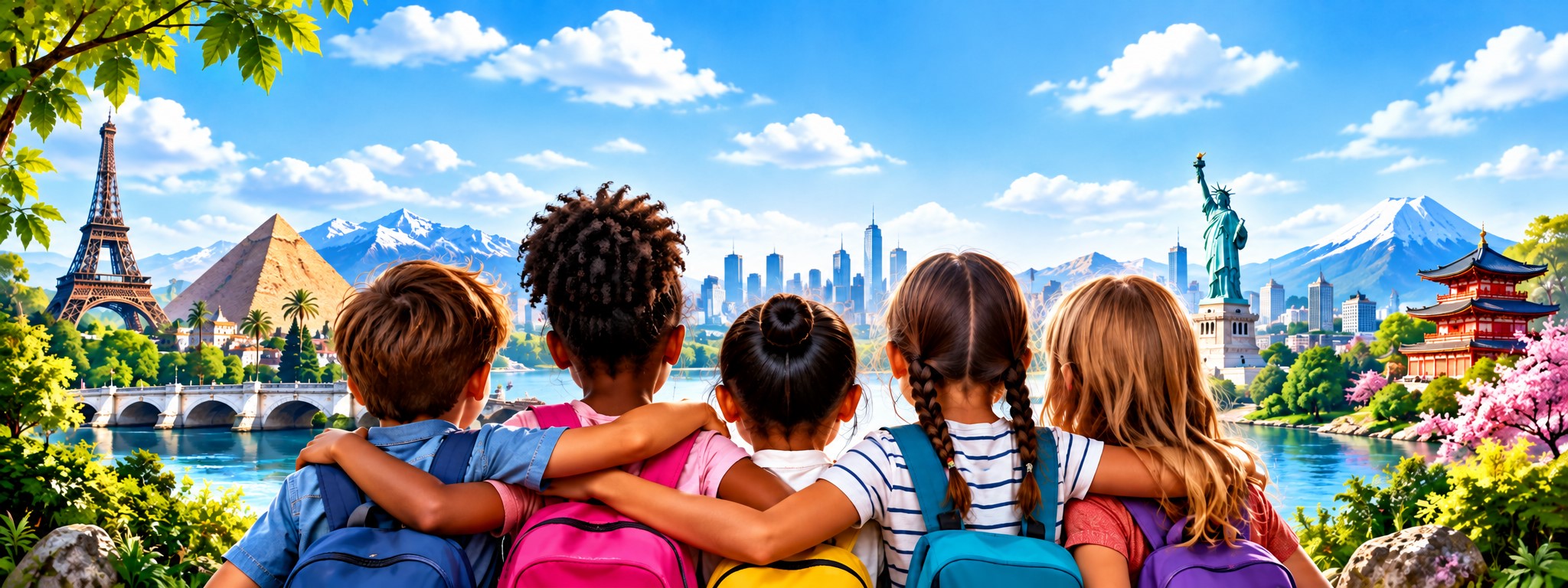 Children exploring countries for kids and landmarks around the world